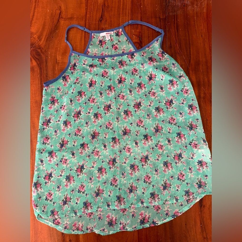 Bongo Floral High-Low Halter Tank Top Mint Green & Blue - Size Medium